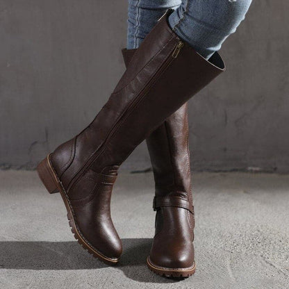 Elegant Buckled Ladies Knee High Leather Boots