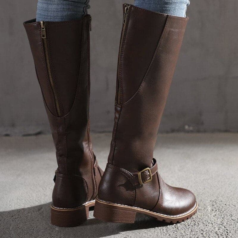 Elegant Buckled Ladies Knee High Leather Boots
