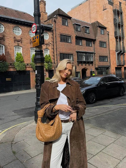 Women's Suede Trench Coat Classic Brown
