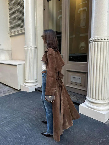 Women's Suede Trench Coat Classic Brown
