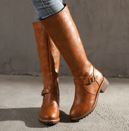 Classic Tall Leather Boots - Comfortable Heel Shoes - OutfitLondon