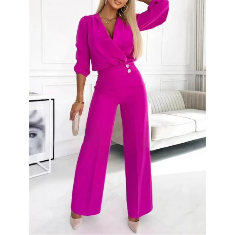 Elegant Women's Jumpsuit with Wrap Front and Flared Legs - OutfitLondon