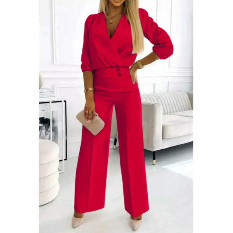 Elegant Women's Jumpsuit with Wrap Front and Flared Legs