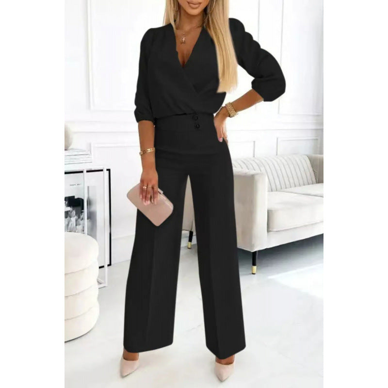 Elegant Women's Jumpsuit with Wrap Front and Flared Legs