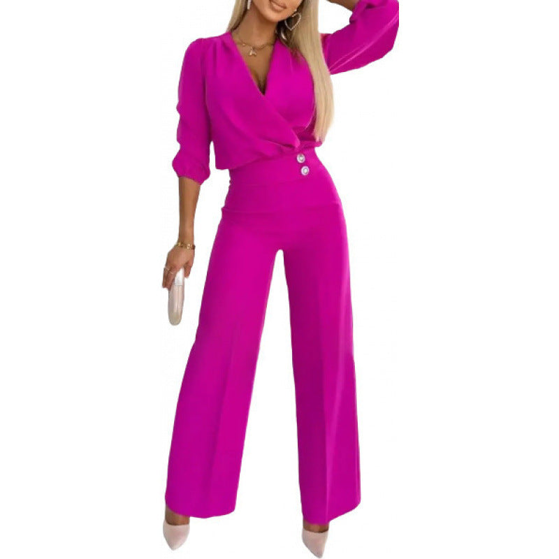 Elegant Women's Jumpsuit with Wrap Front and Flared Legs