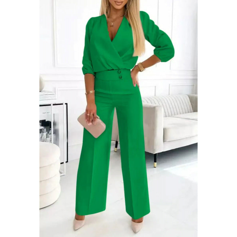 Elegant Women's Jumpsuit with Wrap Front and Flared Legs