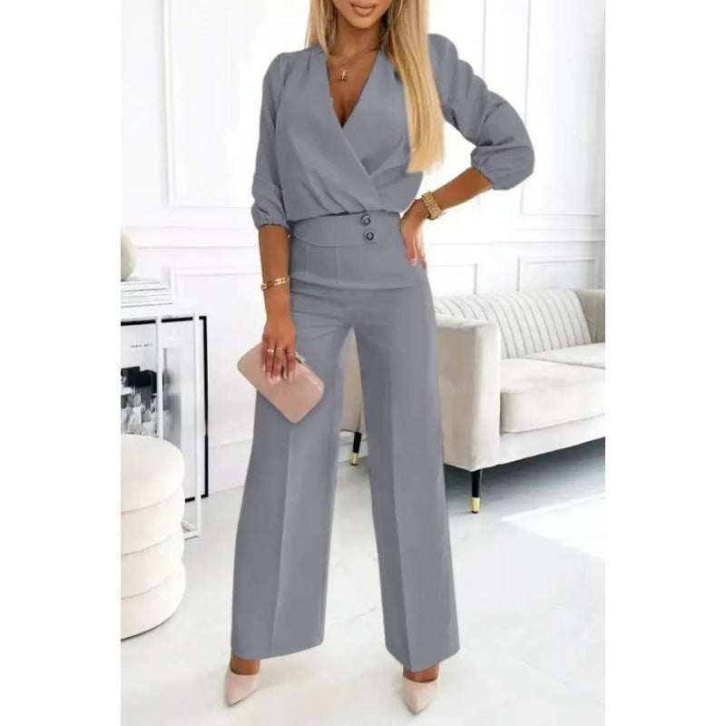 Elegant Women's Jumpsuit with Wrap Front and Flared Legs