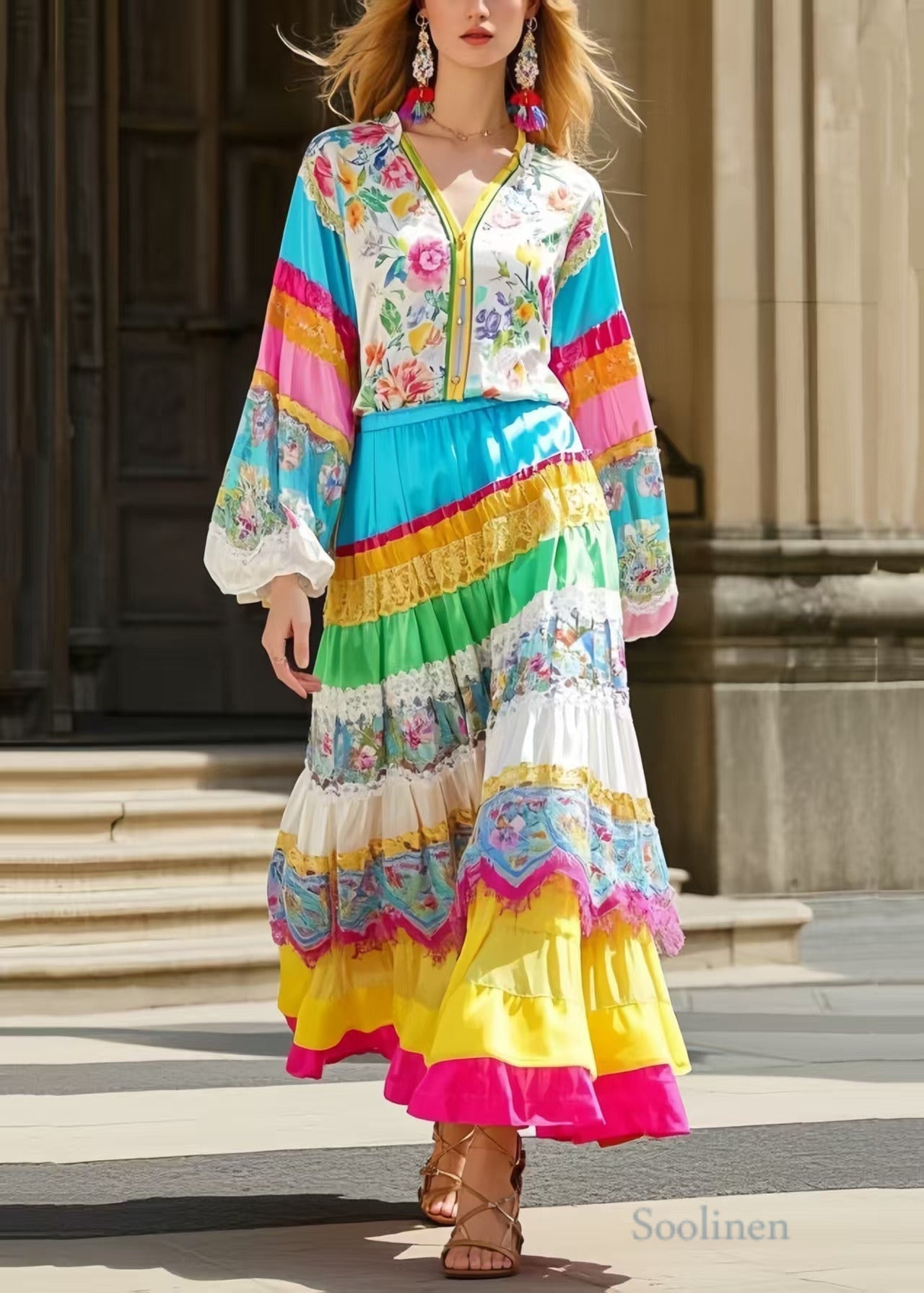 Ethnic Patchwork Colorful Skirt - OutfitLondon
