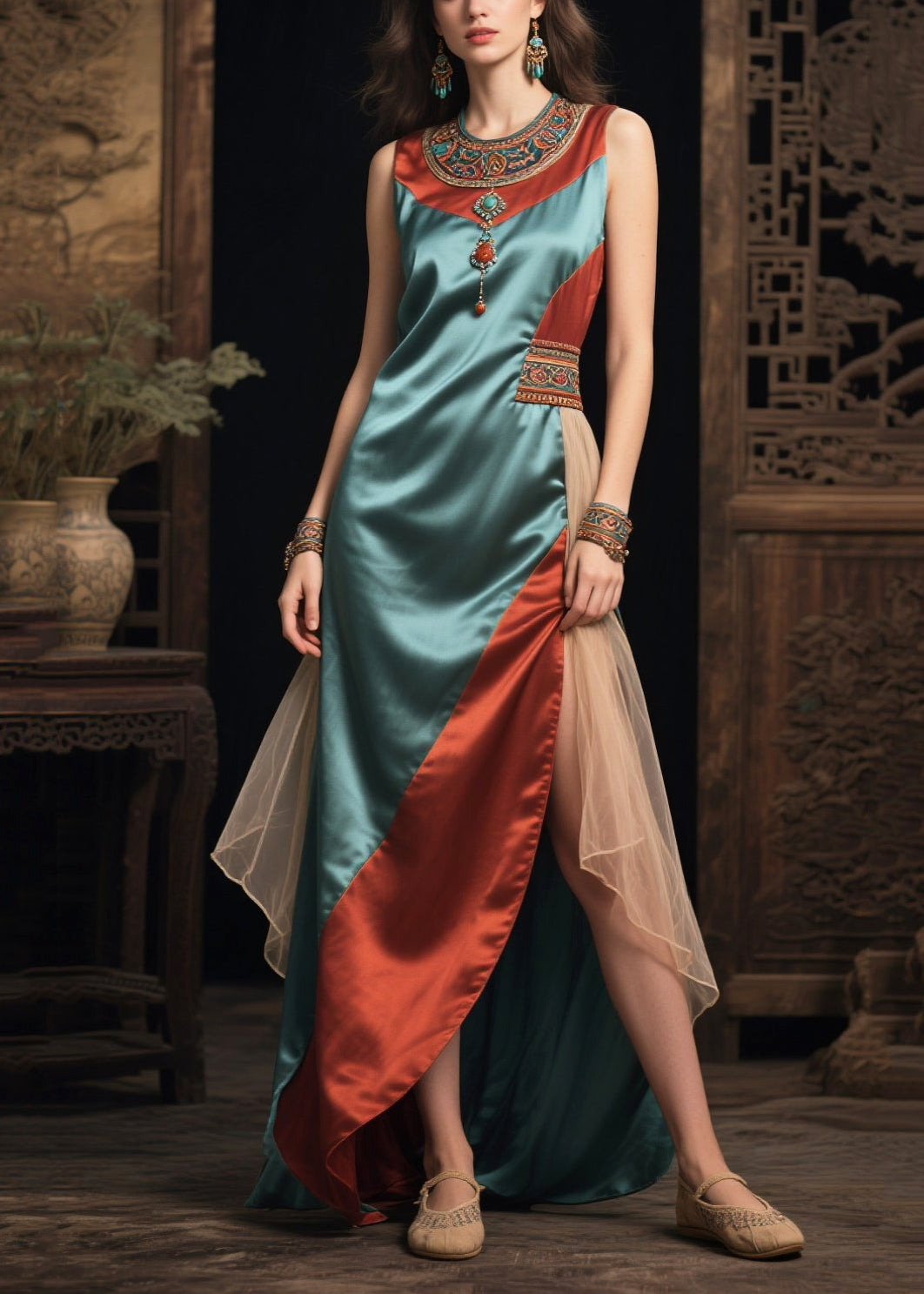 Women's Navy Sleeveless Silk Dress - OutfitLondon