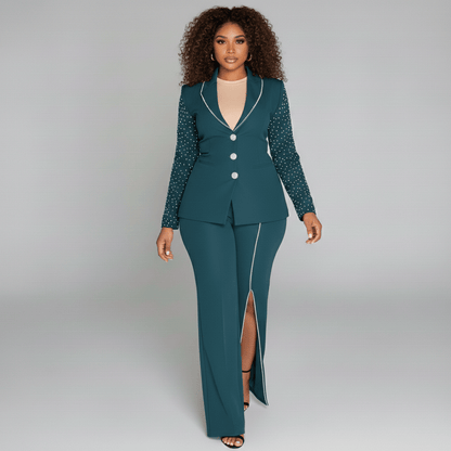 Elegant 2 Piece Suit with Pearl Blazer and Trousers - OutfitLondon