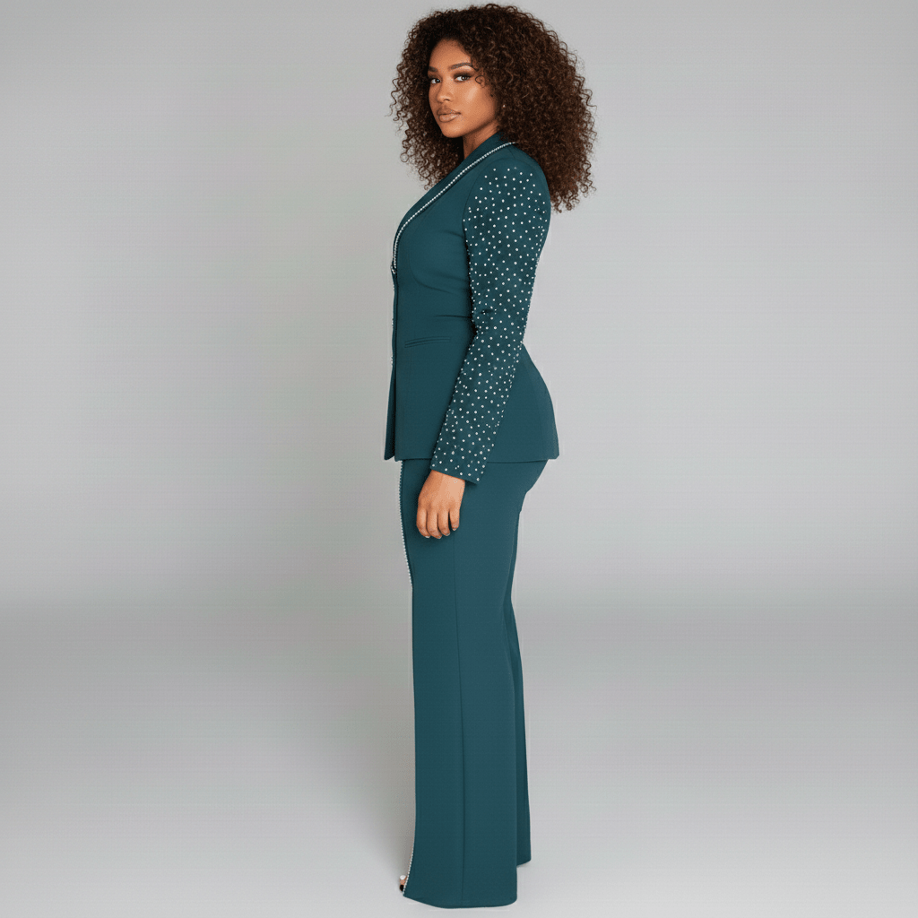Elegant 2 Piece Suit with Pearl Blazer and Trousers