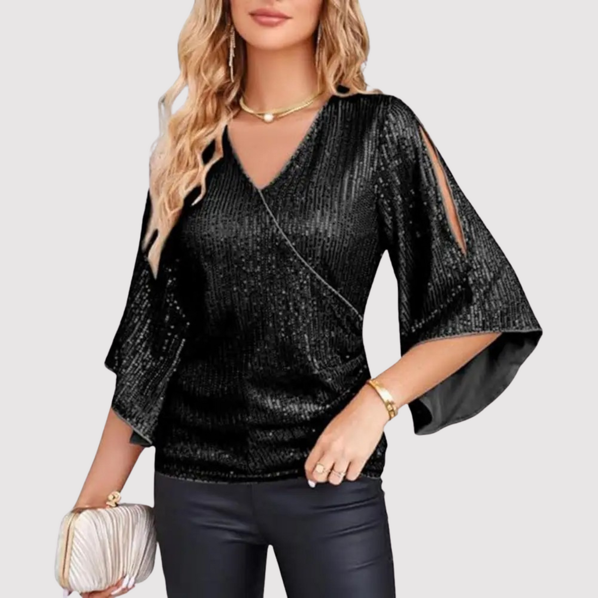 Sparkly Wrap Top with Flare Sleeves