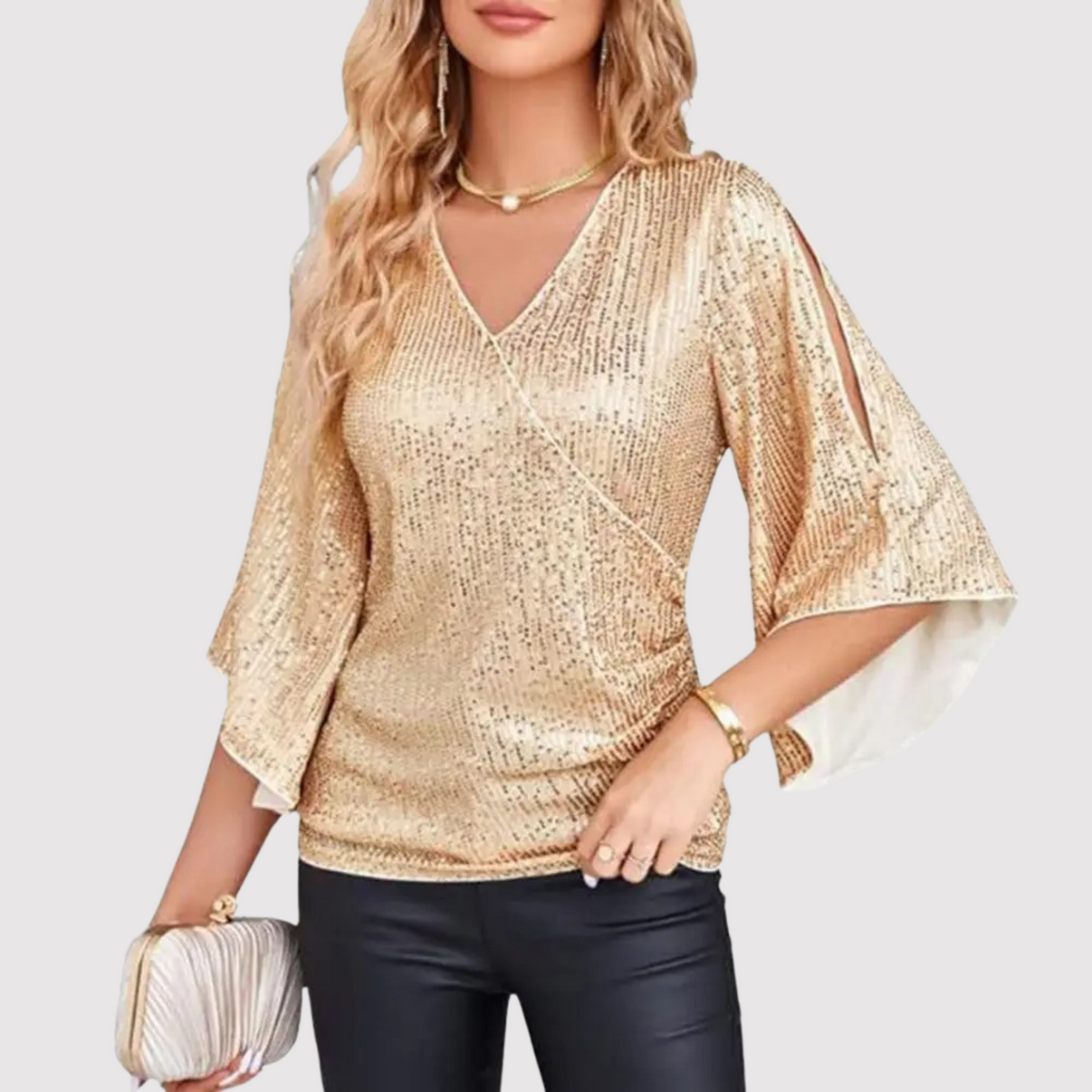 Sparkly Wrap Top with Flare Sleeves