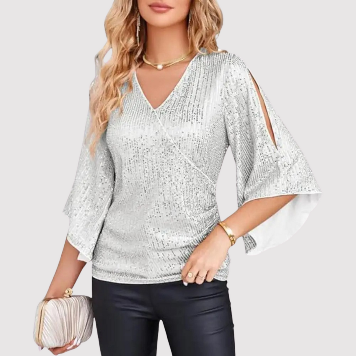 Sparkly Wrap Top with Flare Sleeves