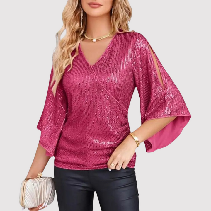 Sparkly Wrap Top with Flare Sleeves - OutfitLondon