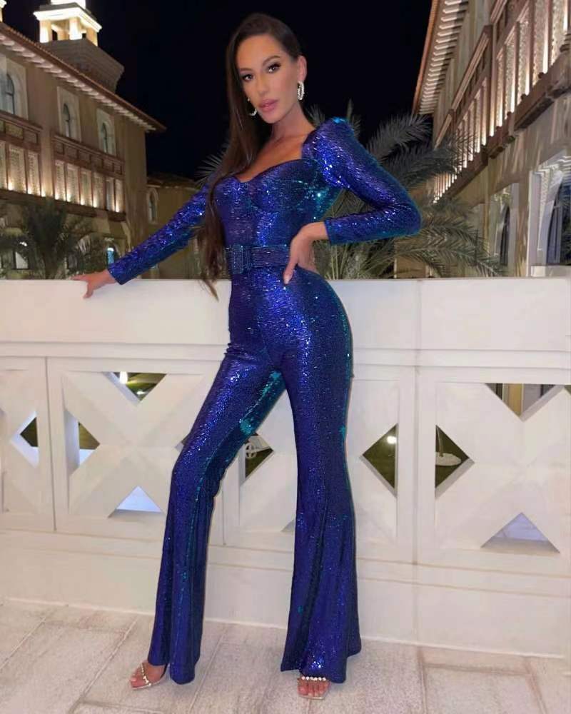 Glittering Long Sleeve Wide Leg Jumpsuit - OutfitLondon