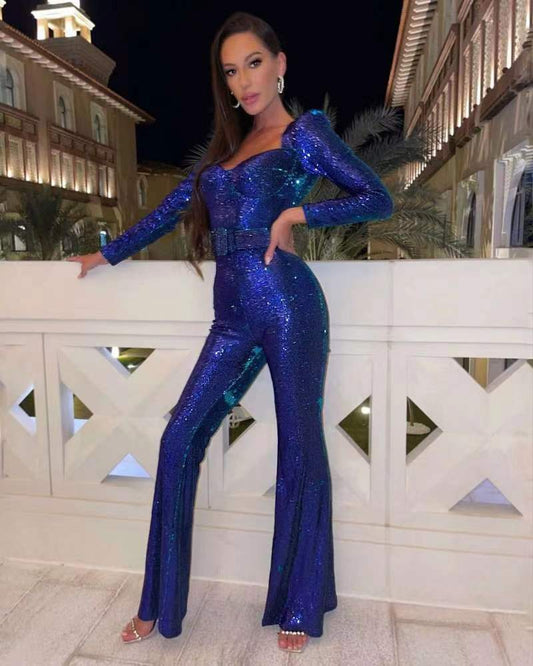 Glittering Long Sleeve Wide Leg Jumpsuit - OutfitLondon