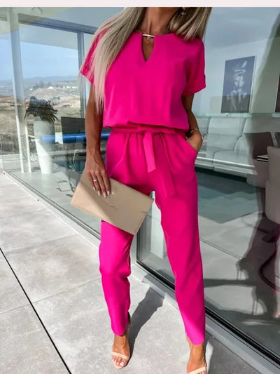 Farheen Jumpsuit | Short Sleeve V-Neck Belted Jumpsuit