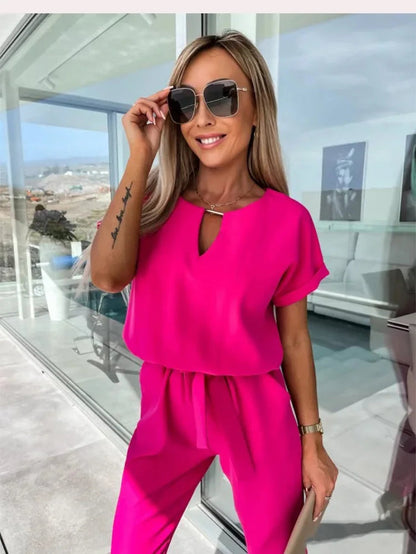Farheen Jumpsuit | Short Sleeve V-Neck Belted Jumpsuit