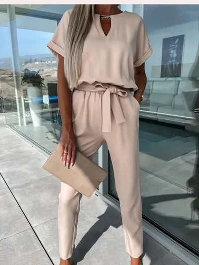Farheen Jumpsuit | Short Sleeve V-Neck Belted Jumpsuit