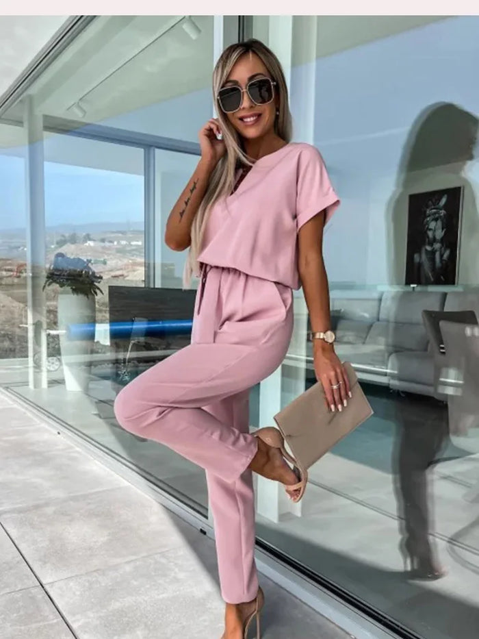 Farheen Jumpsuit | Short Sleeve V-Neck Belted Jumpsuit