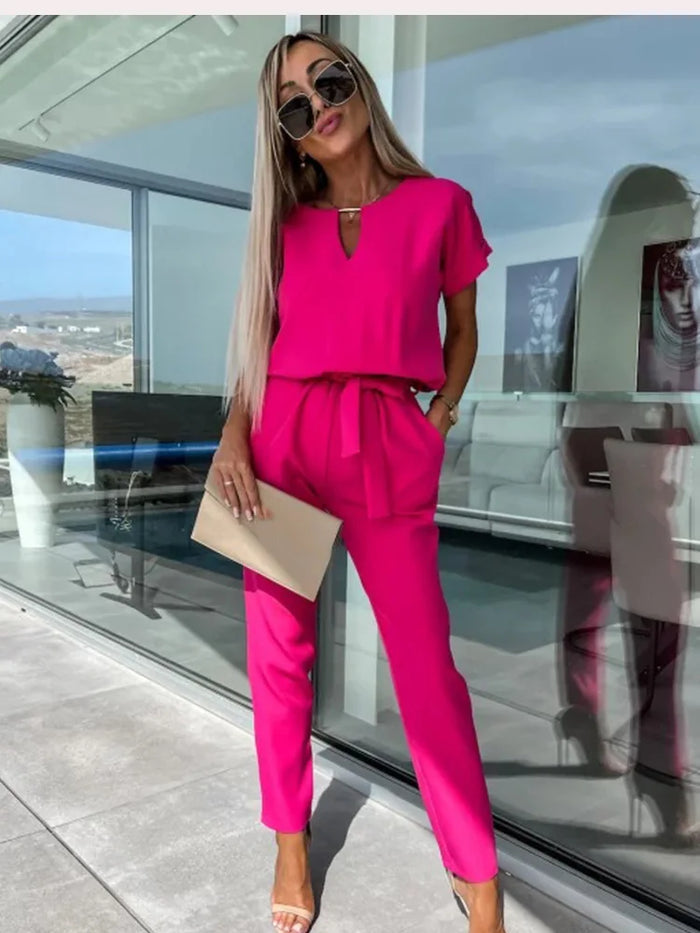 Cute Summer Jumpsuit with Short Sleeves and Belted Waist - OutfitLondon
