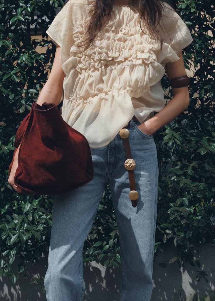 Women's Silk Blouse Textured Floral Apricot - OutfitLondon