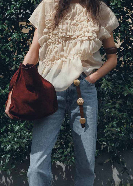 Women's Silk Blouse Textured Floral Apricot - OutfitLondon