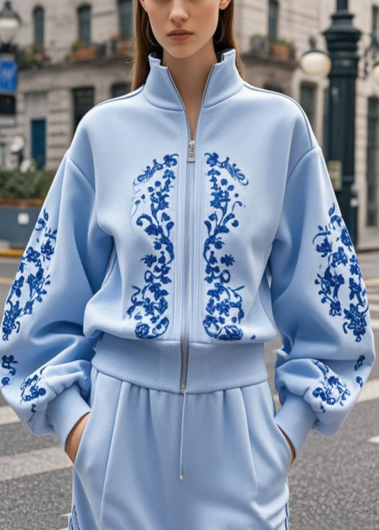 Women's Blue Cotton Bomber Jacket Floral Embroidery - OutfitLondon