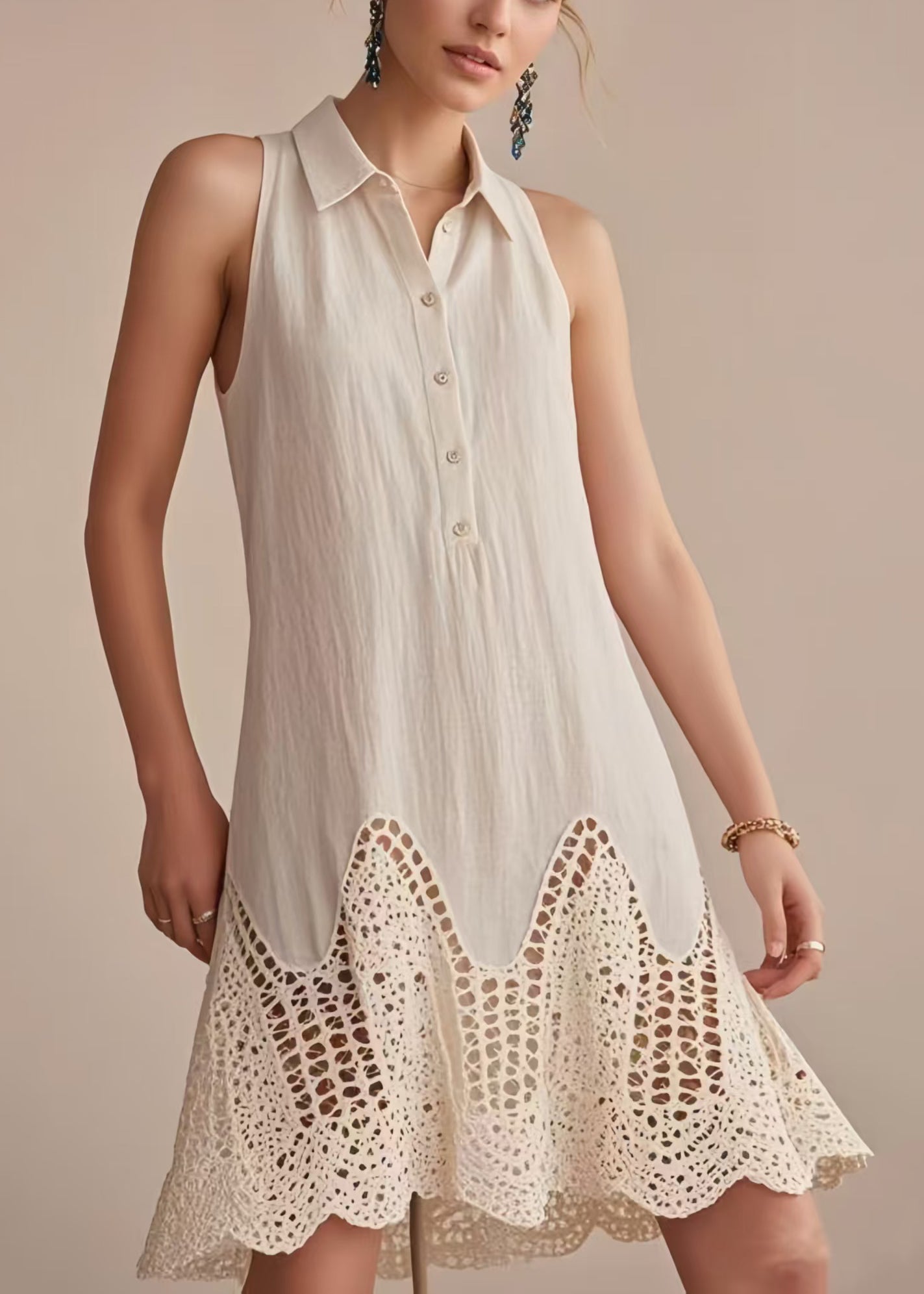 Women's Beige Lace Patchwork Day Dress - OutfitLondon