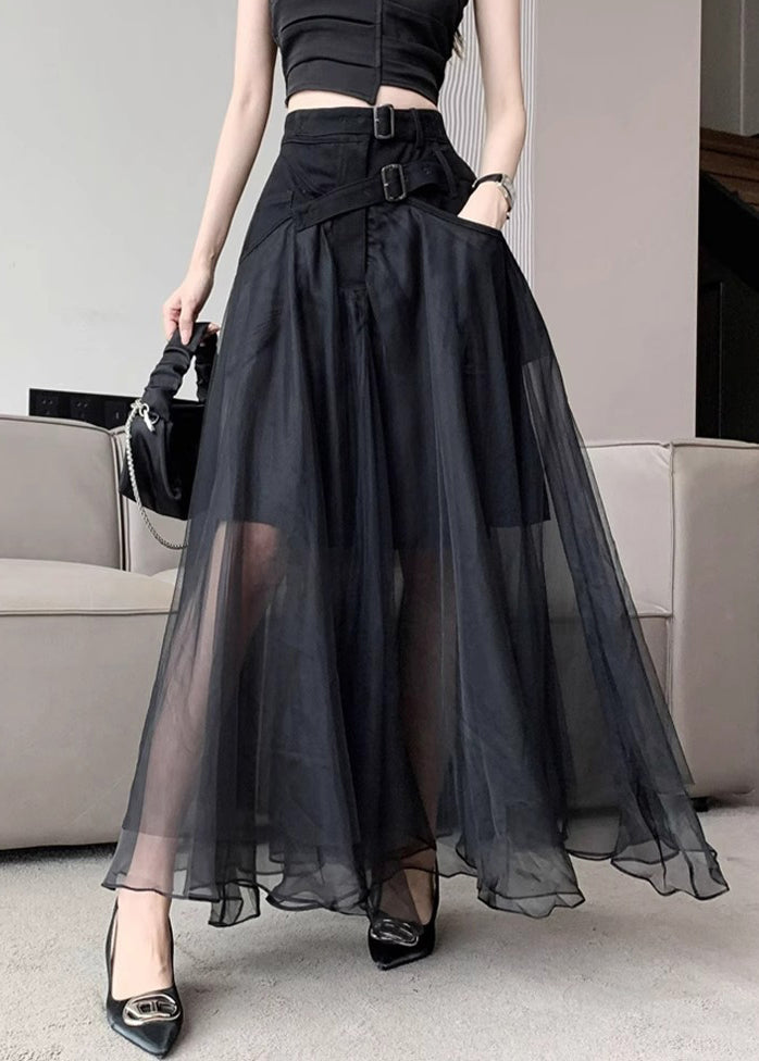 Women's A-Line Skirt Black Tulle With Pockets - OutfitLondon