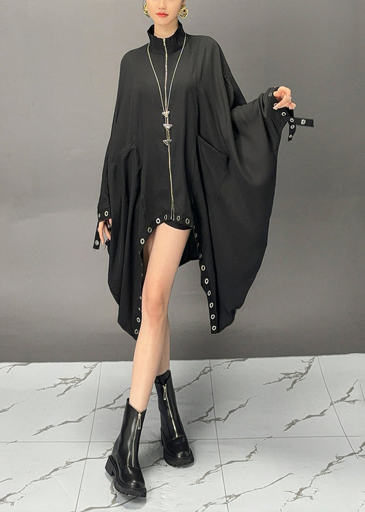 Women's Asymmetric Turtleneck Coat Bat Sleeves Black - OutfitLondon