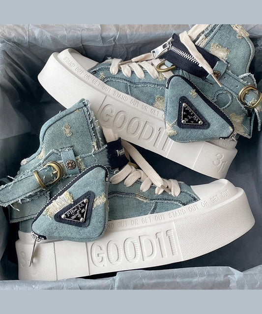 Women's Canvas Lace-Up Boots Cushioned Insole 5cm Heel Blue - OutfitLondon