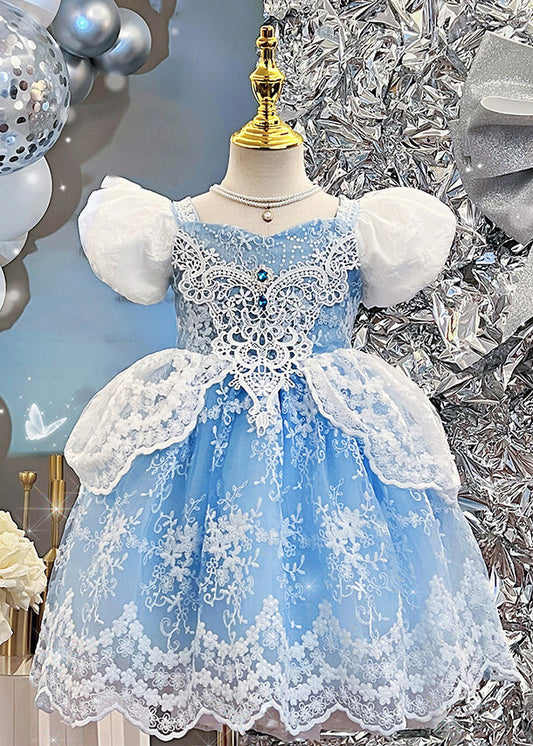 Girls Blue Tulle Dress Elegant Openwork Gown - OutfitLondon