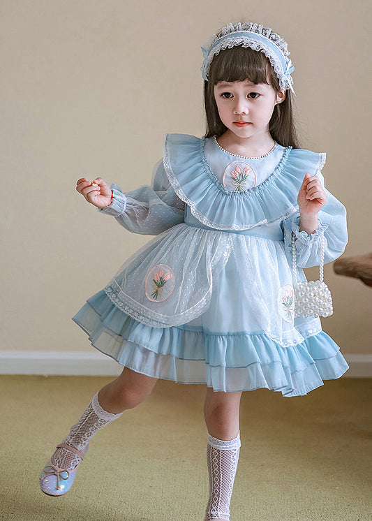 Girls Blue Tulle Patchwork Dress Lightweight Mid Length - OutfitLondon