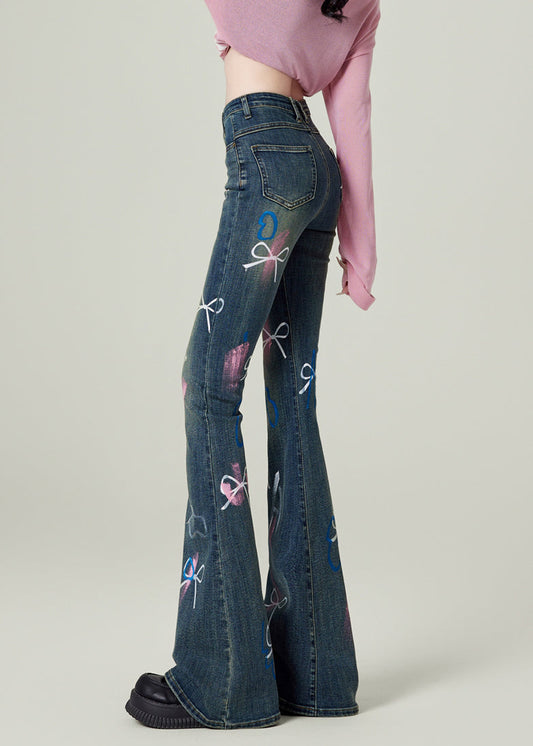 Women's Wide Leg Denim Pants With Pockets And Bow Detail - OutfitLondon
