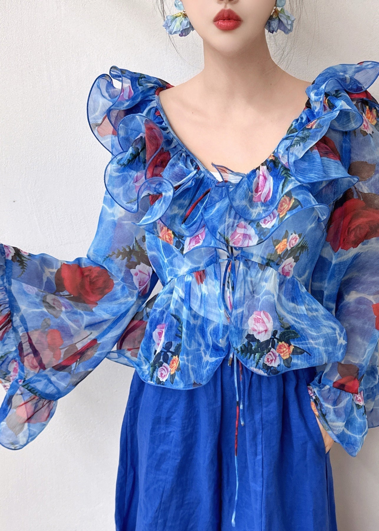 Women's Silk Blouse Ruffled Puff Sleeves Boho Style - OutfitLondon