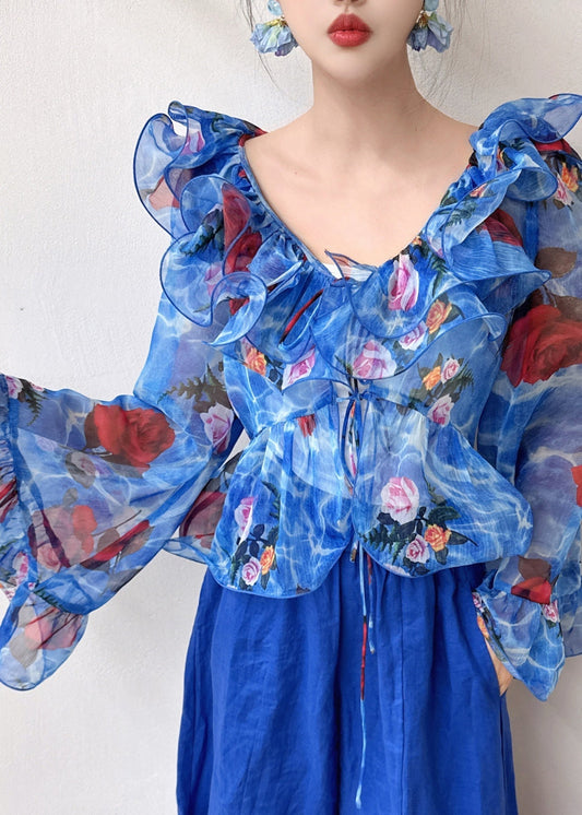 Women's Silk Blouse Ruffled Puff Sleeves Boho Style - OutfitLondon