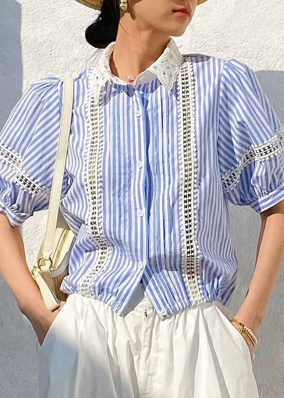 Women's Cotton Blouse Blue Striped Breathable Loose Fit - OutfitLondon
