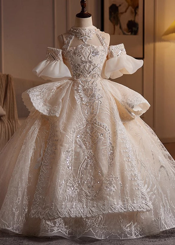 Girls Tulle Summer Dress High Neck Champagne - OutfitLondon