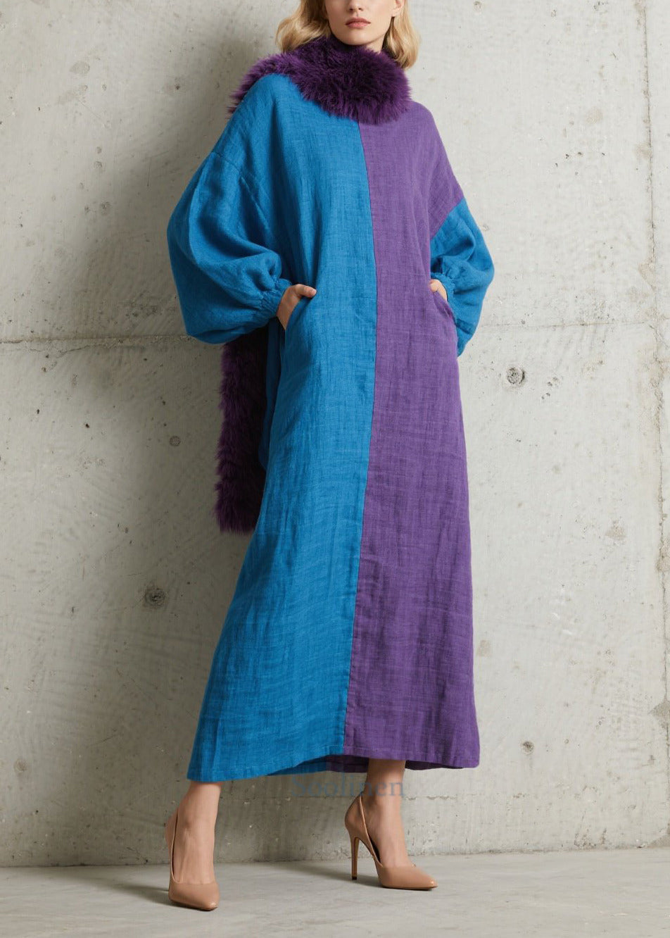 Women's Cotton Maxi Dress Puff Sleeves Asymmetric Color Block - OutfitLondon