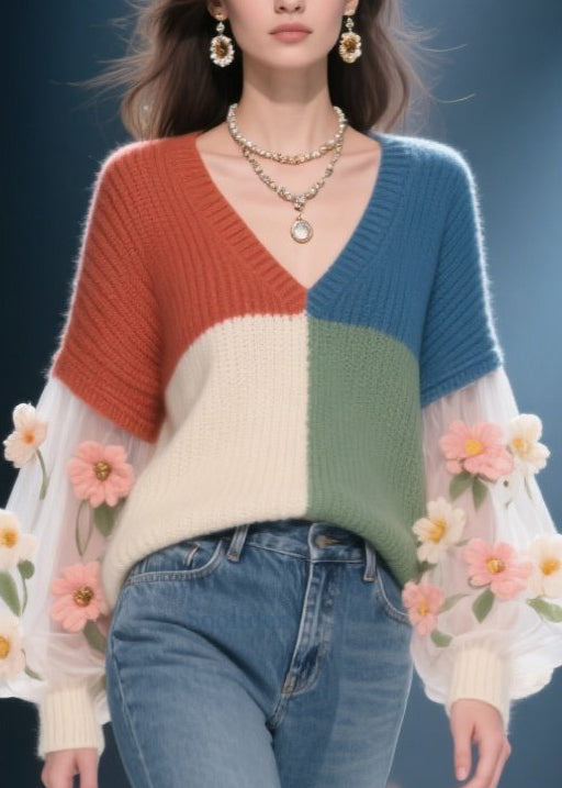 Women's Floral Knit Sweater V Neck Autumn Colors - OutfitLondon