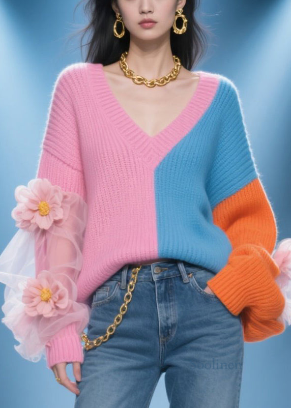 Women's Colorblock Knit Sweater Floral Pattern V Neck - OutfitLondon