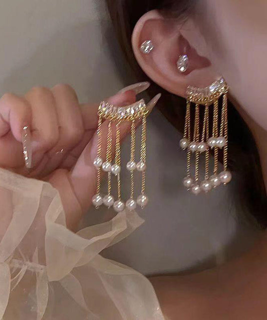 Women's Copper Pearl Drop Earrings Gold Plated Tassel Beads - OutfitLondon