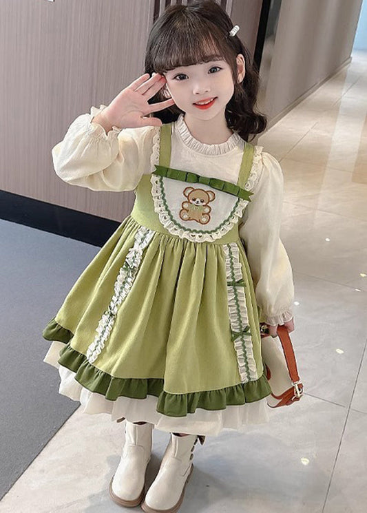 Girls Green Maxi Dress Soft Cotton Blend Stand Collar Puff Sleeves - OutfitLondon