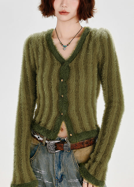 Women's Green Stripe Knit Vest Faux Fur Lining V Neck - OutfitLondon