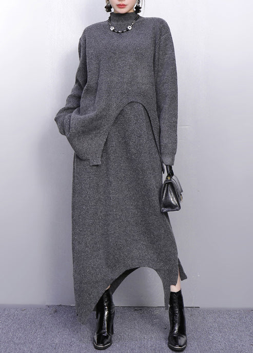 Women's Gray Knit Turtleneck Two Piece Set - OutfitLondon