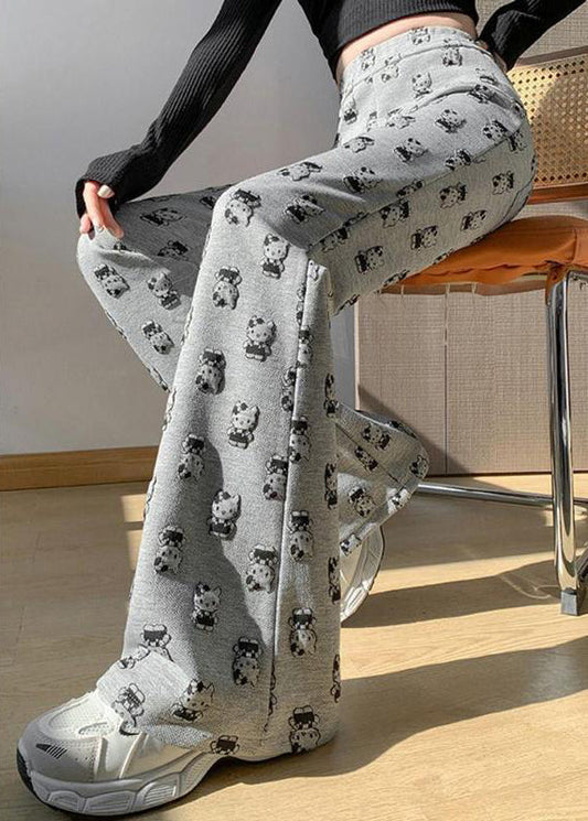 Women's Cotton Blend Flare Pants Grey High Waist Elastic Waistband - OutfitLondon