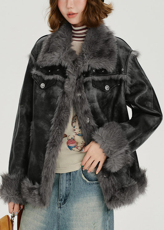 Women's Faux Leather Jacket Tie Dye Fur Trim Warm Winter Coat - OutfitLondon