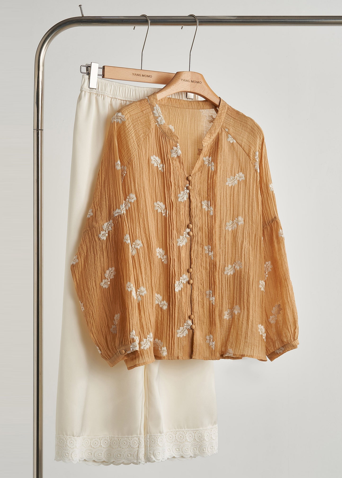 Women's Cotton Blouse Embroidered Khaki Relaxed Fit - OutfitLondon